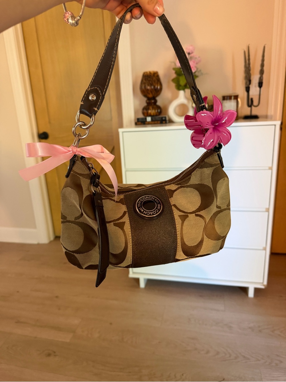 Y2k Authentic Coach Brown Signature Shoulder Bag with Pink Flower Charm